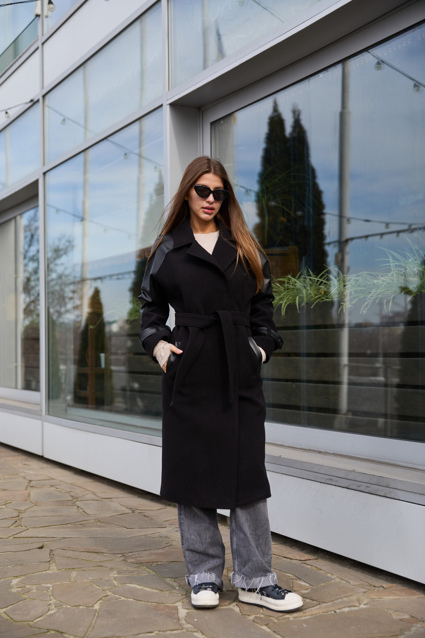 Утеплене жіноче зимове кашемірове пальто чорного кольору, фото 1