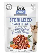 Вологий корм для котів Brit Care Adult Cats Sterilised Hearty Duck & Tender Turkey Jelly 85 г Акція