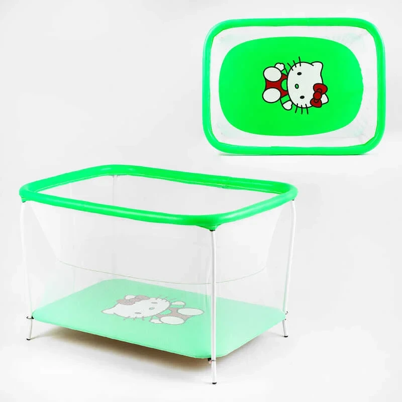 Гр Манеж євро №10 ЛЮКС "Hello Kitty" - колір зелений (1) прямокутний, м`яке дно, євросітка, без ручки