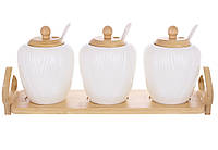 Набор фарфоровых банок (3шт) на бамбуковой подставке с ложками и бамбуковыми крышками Grace 31*8.7*13см
