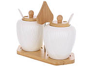 Набор фарфоровых банок (2шт) на бамбуковой подставке с ложками и бамбуковыми крышками Grace 19.5*9*16см
