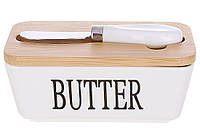 Масленка фарфоровая с бамбуковой крышкой и ножом для масла Butter 15*8.5*7.5см 289-419 ТОВАР ОТ ПРОИЗВОДИТЕЛЯ