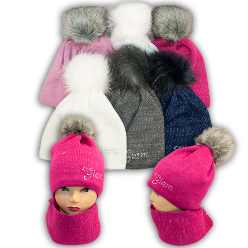 Комплект шапка та шарф (хомут) з помпоном зі штучного хутра для дівчат, Польща, підкладка фліс, BM45P