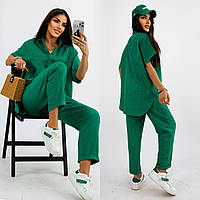 Женский стильный костюм двойка рубашка+штаны ткань: тонкий лен Мод #395 зеленый, 48/52