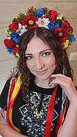Веночек-обруч на голову с цветами и ленточками "Все будет Украина" праздничный, ободок для волос хенд мейд,