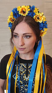 Віночок-обруч український з квітами та стрічками жовто-блакитний, обідок для волосся хенд мейд під вишиванку