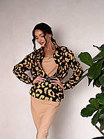 Женский костюм-комбинация:Бежевое Платье на бретелях и Бежевая Рубашка на пуговицах с поясом Леопардовый Принт