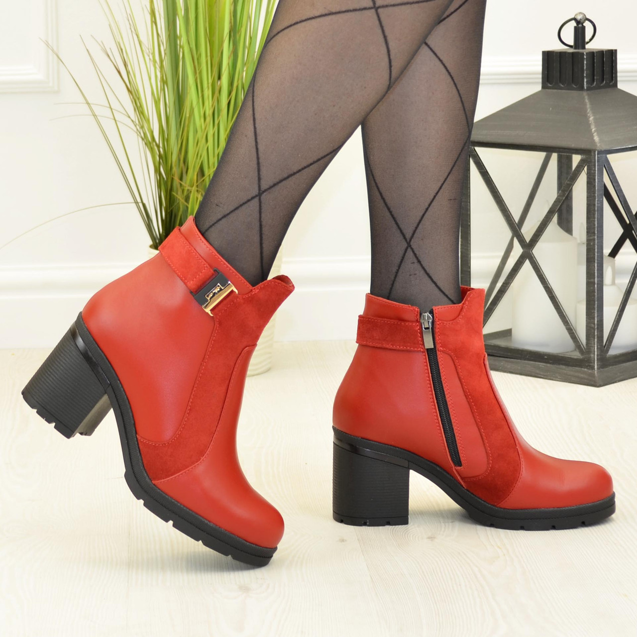 Червоні черевики жіночі на стійкому каблуці, натуральна шкіра і замша, фото 1