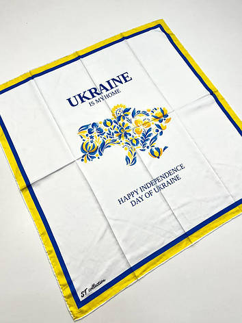 Шовкова патріотична хустка Ukraine is my home 90*90 см біла з синьо-жовтим ручна обробка краю, фото 3