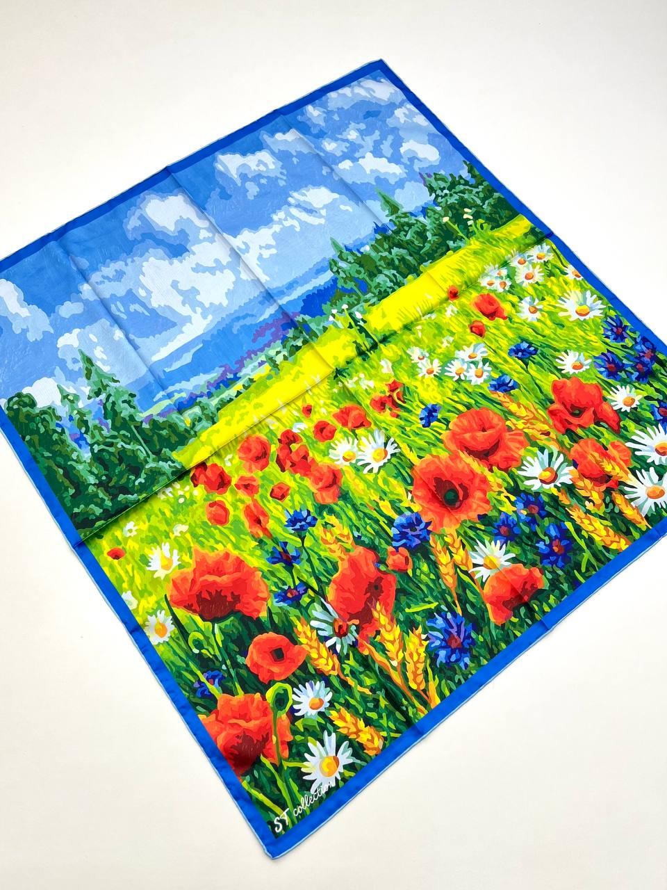 Шовкова патріотична хустка Маки в полі 90*90 см синя ручна обробка краю