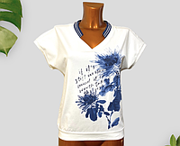 Оригинальная летняя женская ,белая футболка с красивым синим принтом, короткий рукав