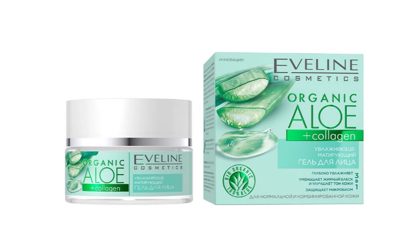 Гель для обличчя Eveline Cosmetics Organic Aloe+Collagen Зволожуючий-матуючий для нормальної та комбінованої шкіри 50 мл (590341, фото 1