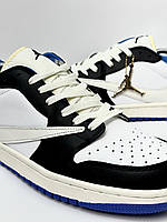 Мужские кроссовки Jordan 1 Low Fragment Design Travis Scott белые с синим из кожи комфортные для жизни