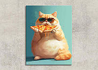 Картина Кот с Пиццей Смешной Декор на Стену в Кухню, Кафе или Пиццерию Котик Кушает Пиццу Еда Яркий Funny Арт