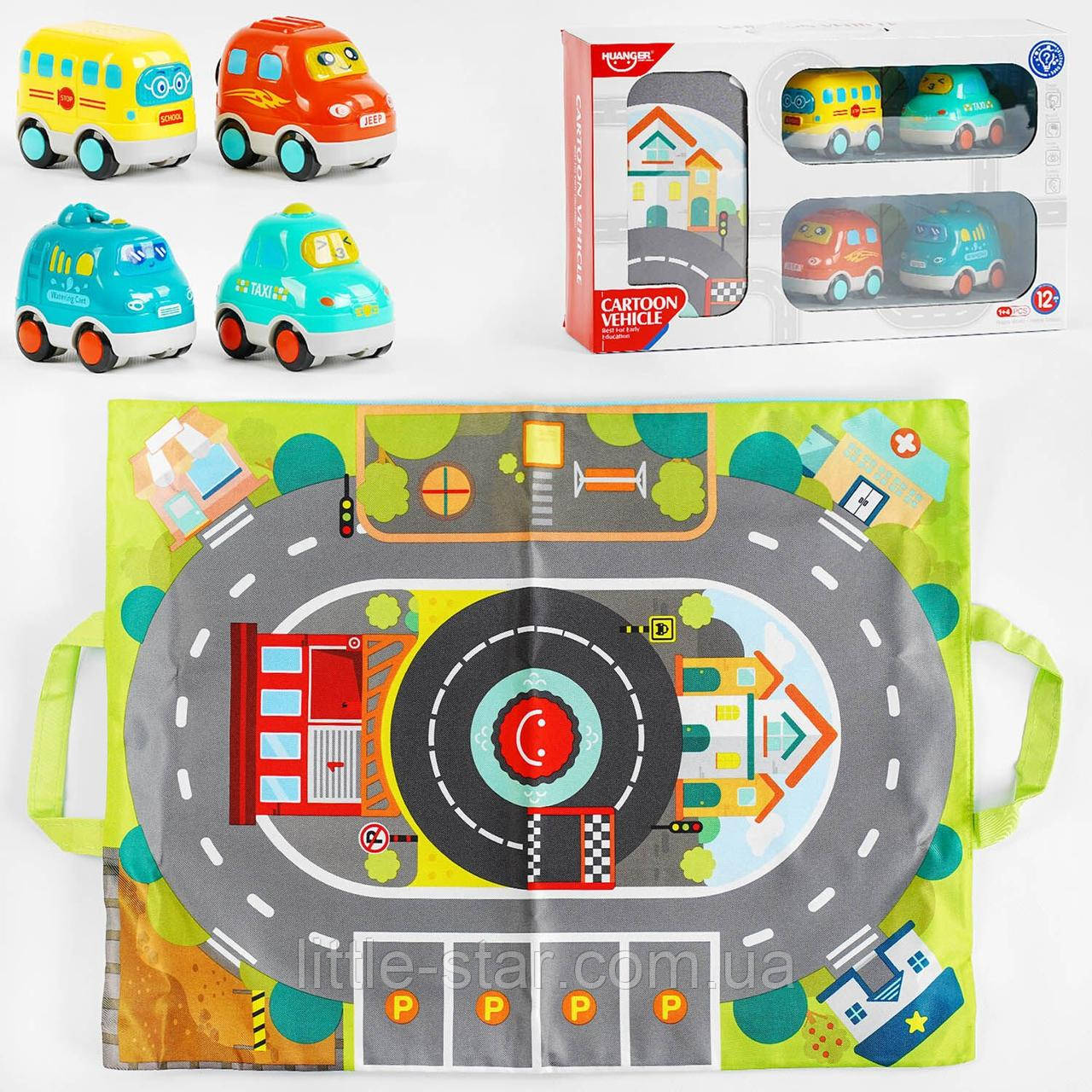 Набір дитячих музичних машинок з ігровим килимком сумкой, 4 машинки, звук, світло