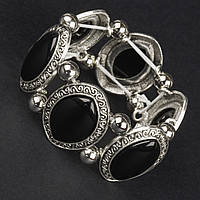 Браслет на руку широкий на гумці метал зі сріблястими елементами та візерунками з чорним агатом ширина 30 мм