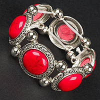 Браслет на руку широкий на гумці метал зі сріблястими елементами та візерунками з кораловим камінням ширина 3 см