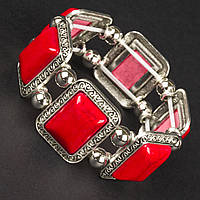 Браслет на руку широкий на гумці метал зі сріблястими елементами та візерунками з кораловим камінням ширина 3 см