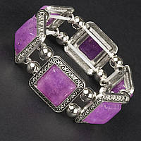 Браслет на руку широкий на гумці метал зі сріблястими елементами та візерунками з камінчиками, аметист ширина 30 мм