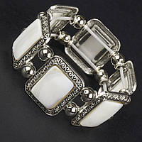 Браслет на руку широкий на гумці метал зі сріблястими елементами та візерунками з білим кварцом ширина 30 мм