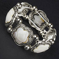 Браслет на руку широкий на гумці метал зі сріблястими елементами та візерунками з білим кварцом ширина 30 мм