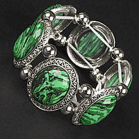 Браслет на руку широкий на гумці метал зі сріблястими елементами та візерунками з камінчиками малахіт ширина 30 мм