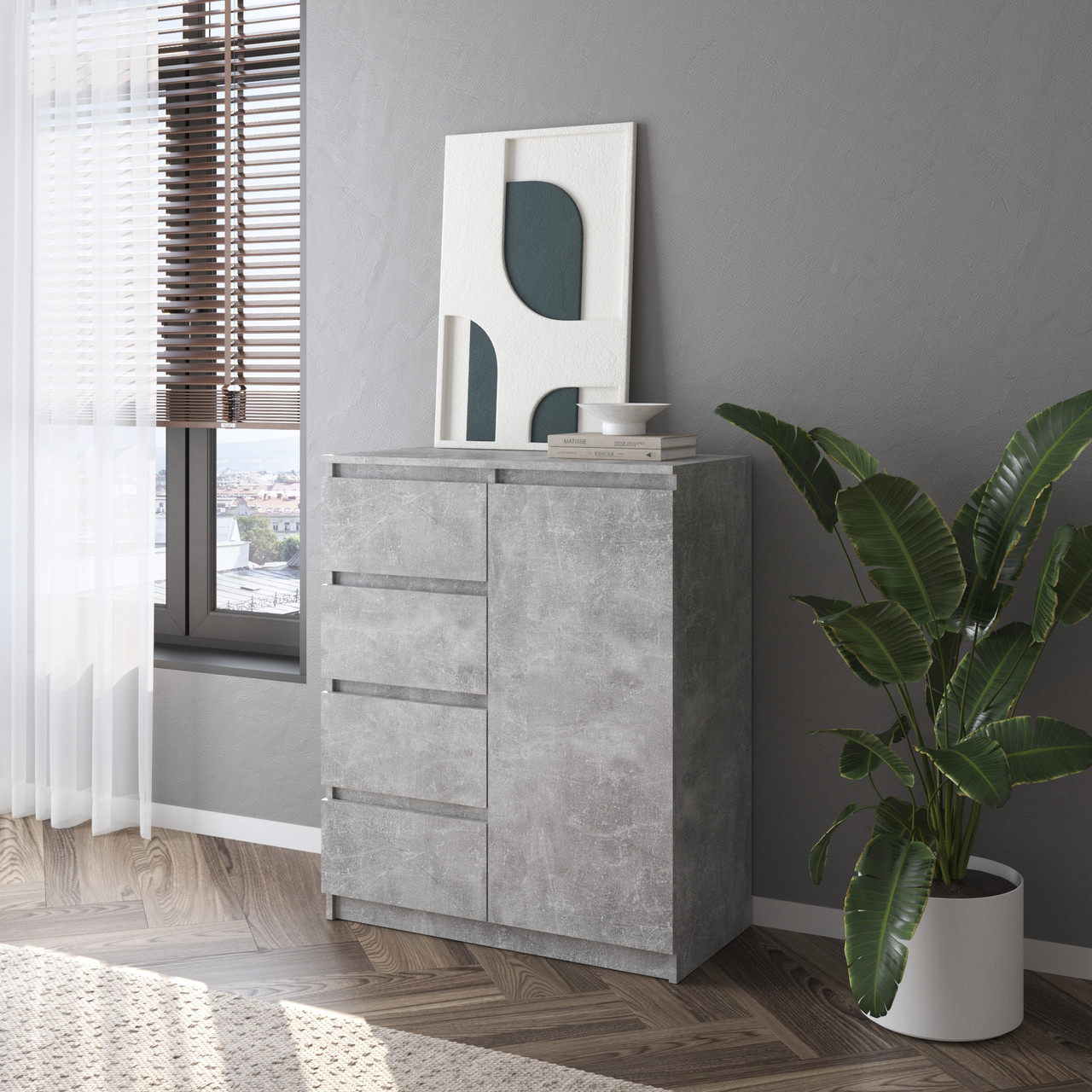 Комод VAYS, сучасний, з полицями, 4 шухляди, без ручок R-32 Бетон, фото 1