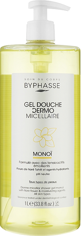 Міцелярний гель для душу "Моної" Byphasse Dermo Micellar Shower Gel Monoi 1 l ( оригінал оригінал Іспанія), фото 1