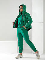 Удобный теплый женский костюм тройка для спорта и прогулок куртка, кофта и штаны зеленый