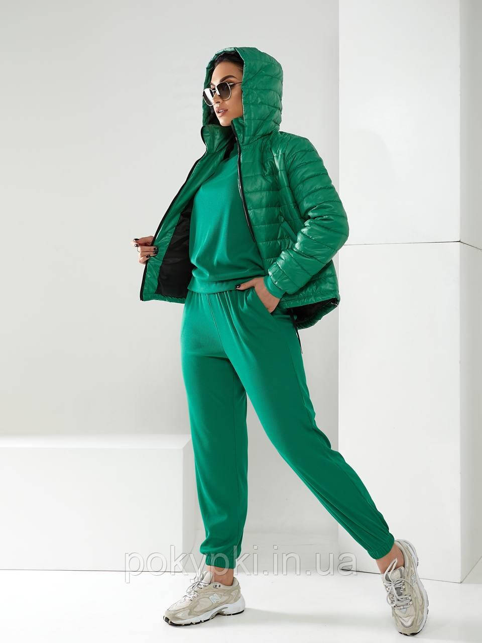 Зручний теплий жіночий костюм-трійка для спорту та прогулянок куртка, кофта та штани зелений