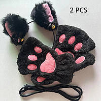2 шт. НАБОР перчатки лапки котика + Чёрный Ободок с кошачьих ушками , обруч уши котика на голову