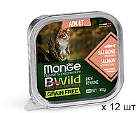 Беззерновой паштет для взрослых кошек MONGE BWILD WET CAT Adult с лососем и овощами 100 г х 12 шт