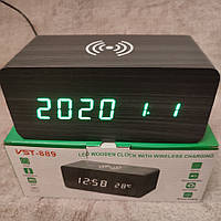 Электронные часы VST-889-4 с беспроводной зарядкой для телефона будильник Черный с зелёной подсветкой