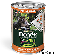 Консерва для щенков Monge Bwild Dog Puppy & Junior мясные кусочки в соусе с уткой,тыквой и цукини 400 г х 6 шт
