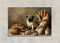 Картина Мопс с Булочками Багет Собака с Хлебом Современный Декор с Животными для Любителей Домашних Питомцев 60x46cм