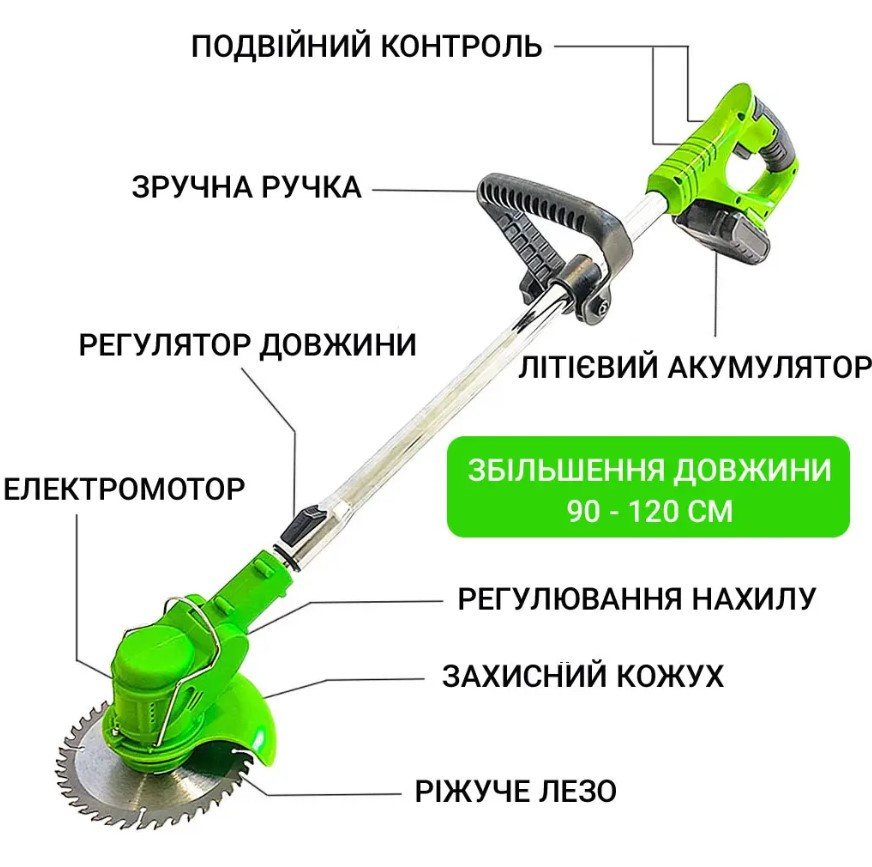 Аккумуляторная газонокосилка-триммер для покоса травы на 2 аккумулятора и 9 лезвий и колесом 1454-1 - фото 6 - id-p2139927150