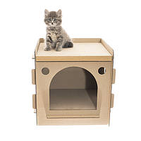 Будиночок для кошенят, кігтеточка спалка "Мультилейбл" 36х35х40 см, лежанка котяча з гофрокартону