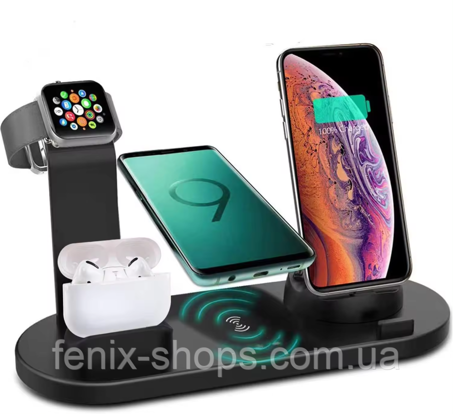 Бездротова зарядна станція 6 в 1 Wireless charger зарядний пристрій портативної техніки 15 W