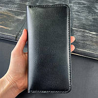 Шкіряний гаманець під прямі купюри в чорному кольорі на ручному шві