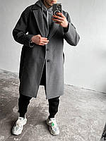 Мужское пальто оверсайз длинное кашемировое на пуговицах демисезонное графит
