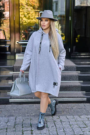 Плаття тепле батал вільне з капюшоном спортивне трьохнитка сіре, фото 2