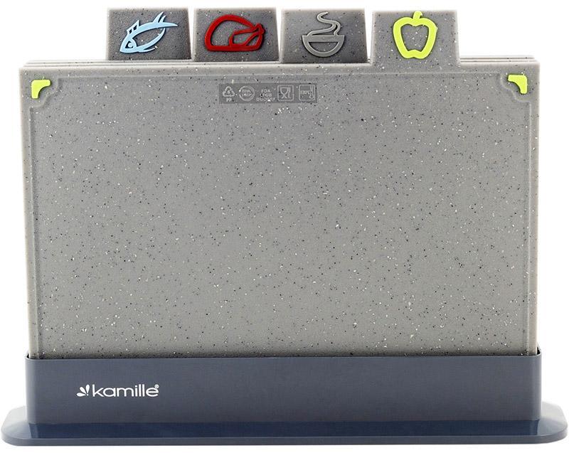 Набір 4 обробні дошки Kamille 29x19.5x0.6 см на компактній підставці, твердий пластик