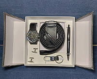 Чоловічий подарунковий набір 5 предметів (годинник, ремінь, ручка, запонки, карабін), фото 4