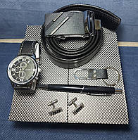 Чоловічий подарунковий набір 5 предметів (годинник, ремінь, ручка, запонки, карабін), фото 7