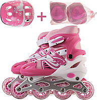 Раздвижные детские роликовые коньки на 4 колеса комплект ролики защита шлем размер 35-38 розовые