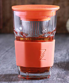 Склянка-заварник ZestGlass Original 415 мл з металевим ситечком і силіконовим захистом (жовтогарячий)