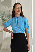 Блуза женская нарядная вышиванка голубая с коротким рукавом 3520-01