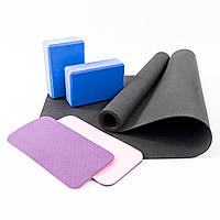 Килимок для йоги, фітнесу та спорту + блок для йоги 2шт + килимок-упори під коліна 2шт OSPORT Set 61 (n-0091) Чорно-синій