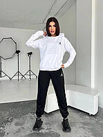 Женский бело/черный спортивный костюм: кофта с карманом-кенгуру и капюшоном и штаны в тон из двунитки