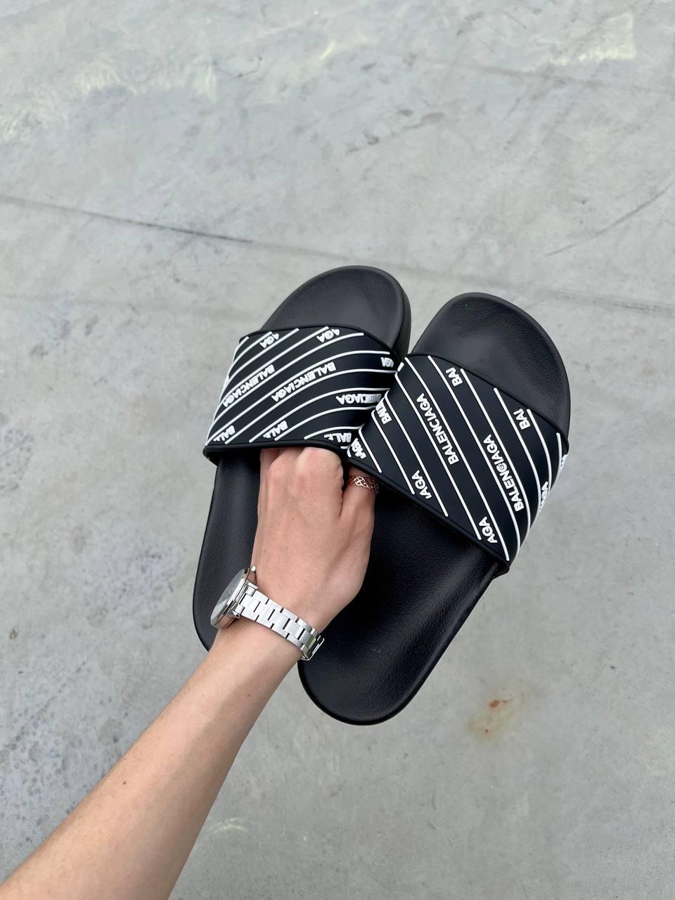 Жіночі шльопанці Balenciaga Rubber Slides Stripe Logo Piscine Black White ALL08529, фото 1